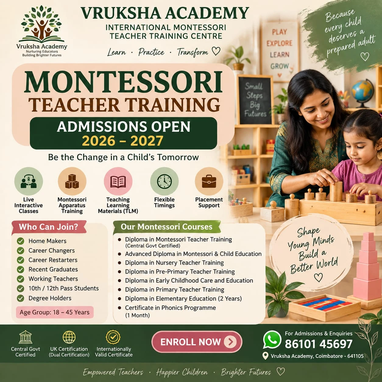 Montessori Teacher Training brochure — admissions open 2026–2027